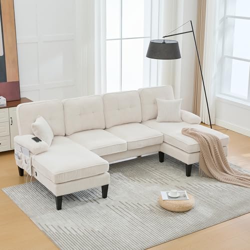 Sofá moderno de 4 plazas en U con chaise longue doble, hecho de tela de pana suave, con acolchado cómodo, respaldo moderno y construcción robusta. Perfecto para cualquier concepto de salón. Beige