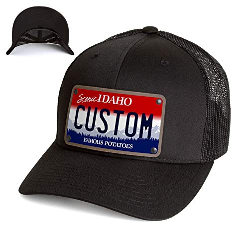 Custom Idaho License Plate Snapback Trucker Hat Printed on Leather Patch. Idaho