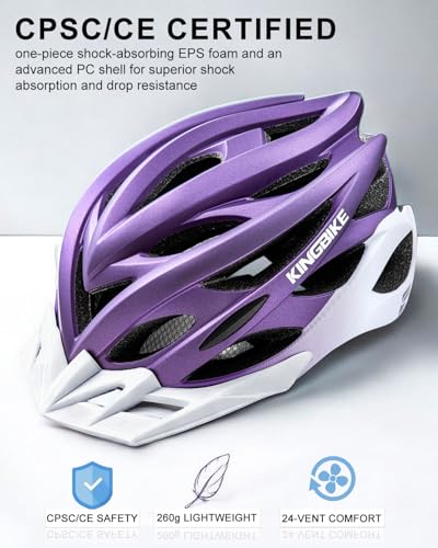 Image of KINGBIKE Bike Helmet for Adult Men Women Youth Road Commute Mountain Cycling Helmets with USB Rechargeable Light 20.4-23.6in (Purple White, Medium)