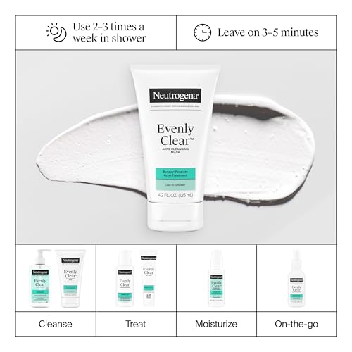 Kenvue Neutrogena Evenly Clear Acne Cleansing Face Mask with 3.5% Benzoyl Peroxide Treats Breakouts & Bentonite Clay, Purifying Clay Mask Absorbs Oil to Visibly Improve the look of Skin, 4.2 fl. oz