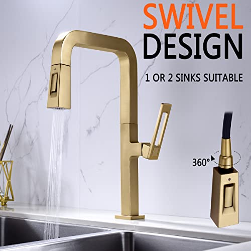 Brushed Gold Kitchen Faucet Single Hole Brass Bar Sink Faucet with Pull Down Sprayer, Square Shaped