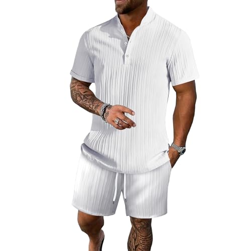 Men's Summer Beach Outfits 2 Piece Vintage Short Sleeve Henley Shirts and Shorts Vacation Texture Sets for Men
