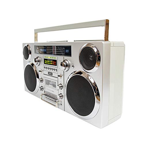 GPO Brooklyn 1980S-Style Portable Boombox - CD Player, Cassette Player, FM Radio, USB, Wireless Bluetooth Speaker - Silver
