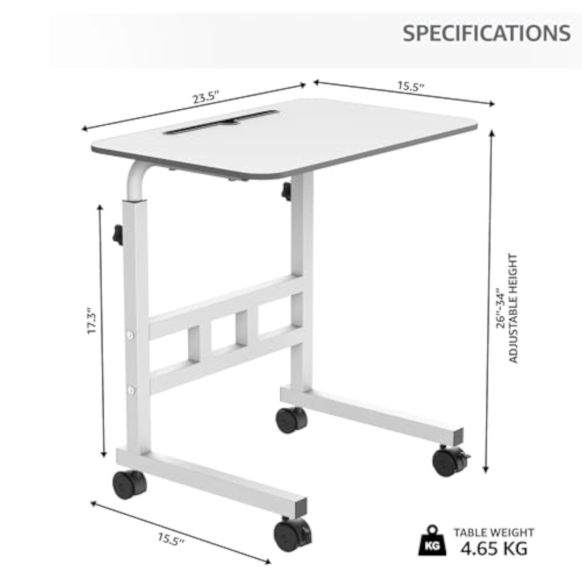 Wooden Adjustable Height Rolling Side Table with Wheels for Home & Office
