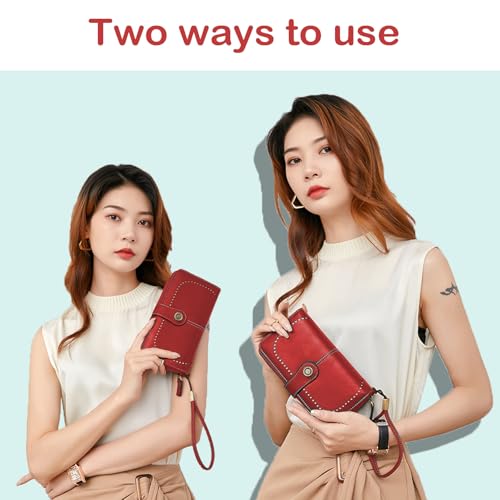 BYWAUQI Wallets for Women Leather Large Capacity Credit Card Holder for Women with Wristlet Zipper Pocket ID Window(red)2