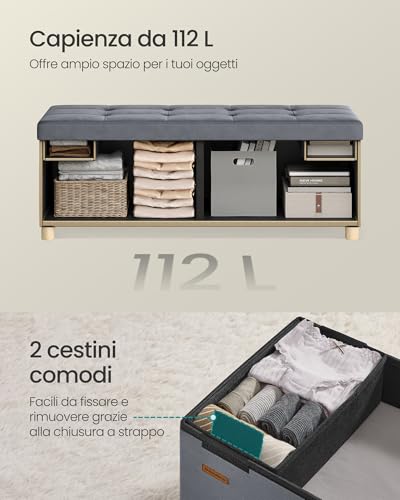 SONGMICS Pouf Contenitore, Cassapanca Pieghevole, 38 x 110 x 40 cm, Sgabello Poggiapiedi, 112 L, Superficie in Velluto, per Camera da Letto Soggiorno, Grigio Ardesia LSF0518G02 - Immagine 5