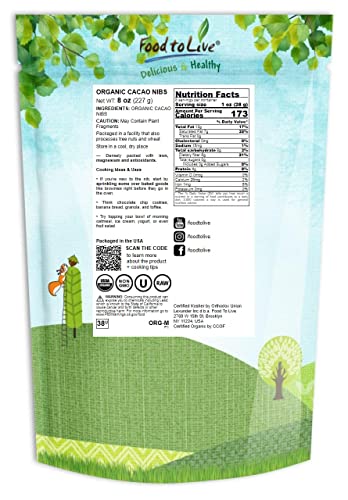 Organic Cacao Nibs, 8 Ounces - Unsweetened, Non-Gmo, Kosher, Raw, Vegan, Sirtfood, Bulk #TOP1