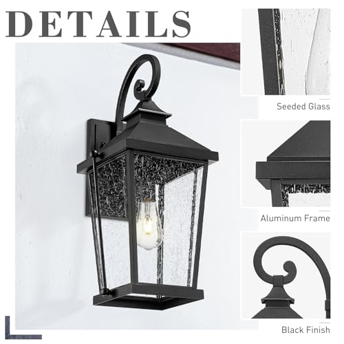 Image of zeyu 22 Inch Outdoor Lights for House, 1-Light Outdoor Wall Sconce for House Porch, Die-Cast Aluminum with Seeded Glass, Black Finish, ZW105B-M BK