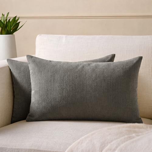Image of Encasa XO Corduroy Cushion Covers, No Inserts, Set of 2, Dark Grey
