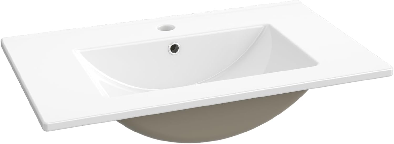 30'' Vanity Sink Top,Bathroom Undermount Ceramic Sink Top W/One Hole, Rectangular Porcelain Sink Basin,Overflow Drain,White