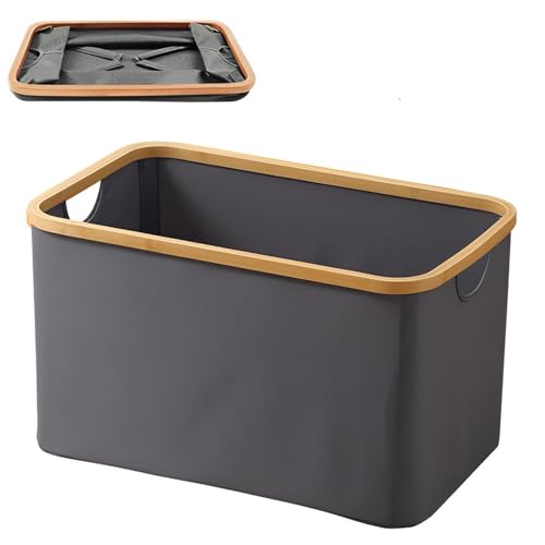 52L Collapsible Laundry Baskets,Foldable Laundry Basket Bin with Bamboo Handles,Large Dirty Fabric Clothes Hamper Oxford Washing Baskets for Laundry Sorting,Toy,Towel Storage,Bedroom,Bathroom (Grey)