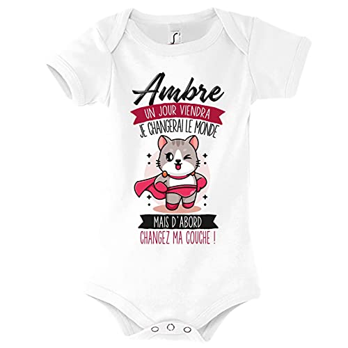 Body bébé Prénom Ambre Humour Planetee pour repas et siestes animés