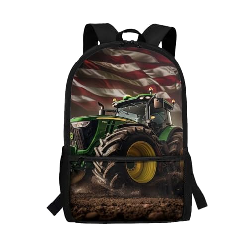 Coldinair Tractor School Backpack for Boys 17inch American Flag Child Bookbag for Kindergarten Elementary Middle School Student Water Resistant Travel Backpack School Bag with Adjustable Padded Straps