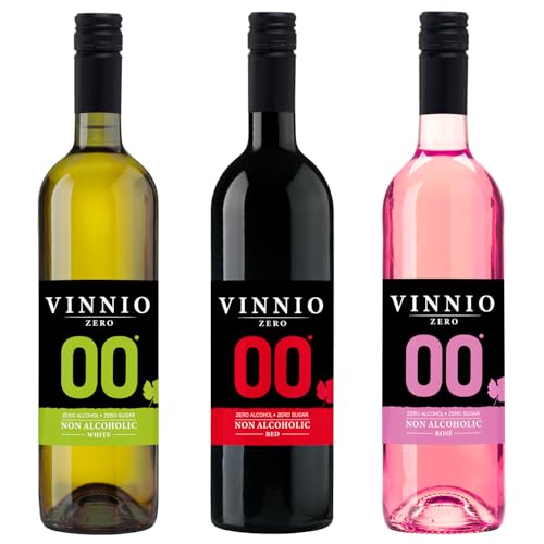 VINNIO - Pack Degustación Vino sin alcohol 0,0 Premium Blanco, Tinto y Rosado | Caja de 3 botellas x 0,75 cl | SIN Azúcar - SIN Calorías | 0% alcohol con todo el sabor el vino tradicional.
