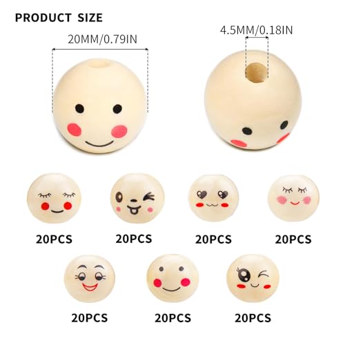 zrfgbxim 140 Pcs Smile Face Wooden Beads for Crafting 20mm Natural Round Macrame Emoji Wood Beads with Faces, 7 Styles - Image 2