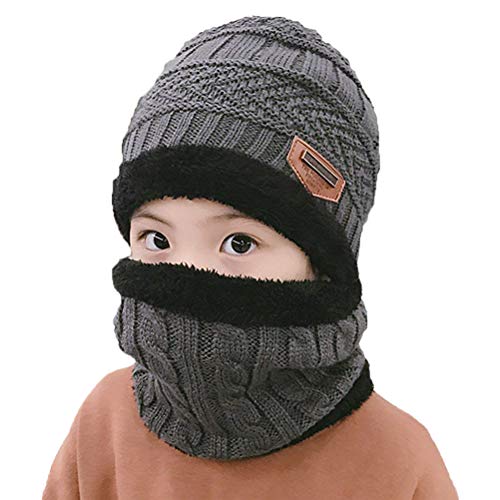 XYIYI Kids Winter Knit Hat and Scarf Set, 2Pcs Warm Fleece Lining Beanie Cap and Scarf for 5-14 Year Old Boys Girls (Grey) 