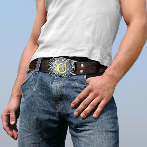 Image of Men Cowboy Belt, Western Cowgirl Big Letter Buckle Belts | Longhorn Bull Strap for Jeans Pants, Faux Leather Embossed Floral County Waistband