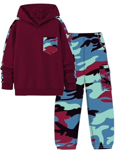 Image of mksodopy Boys Clothes Long Sleeve Hoodie and camouflage cargo pants Boy Outfits for 6-16 Years