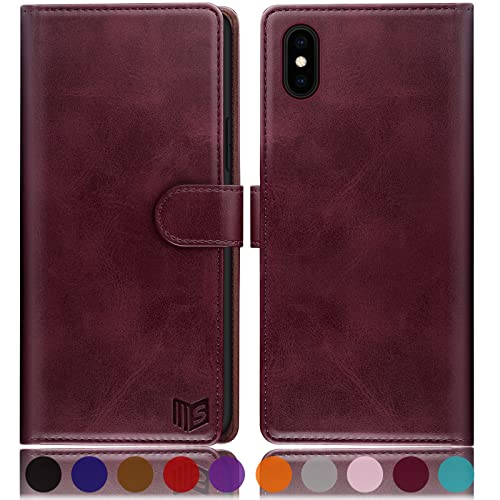 SUANPOT [RFID Schutz für iPhone XS Max 6,5-Zoll Hülle PU Leder Handyhülle Lederhülle Klapphülle Kartenfach Flip Cover für Apple XS Max Handy hülle Leather Wallet Phone Hülle Rotwein
