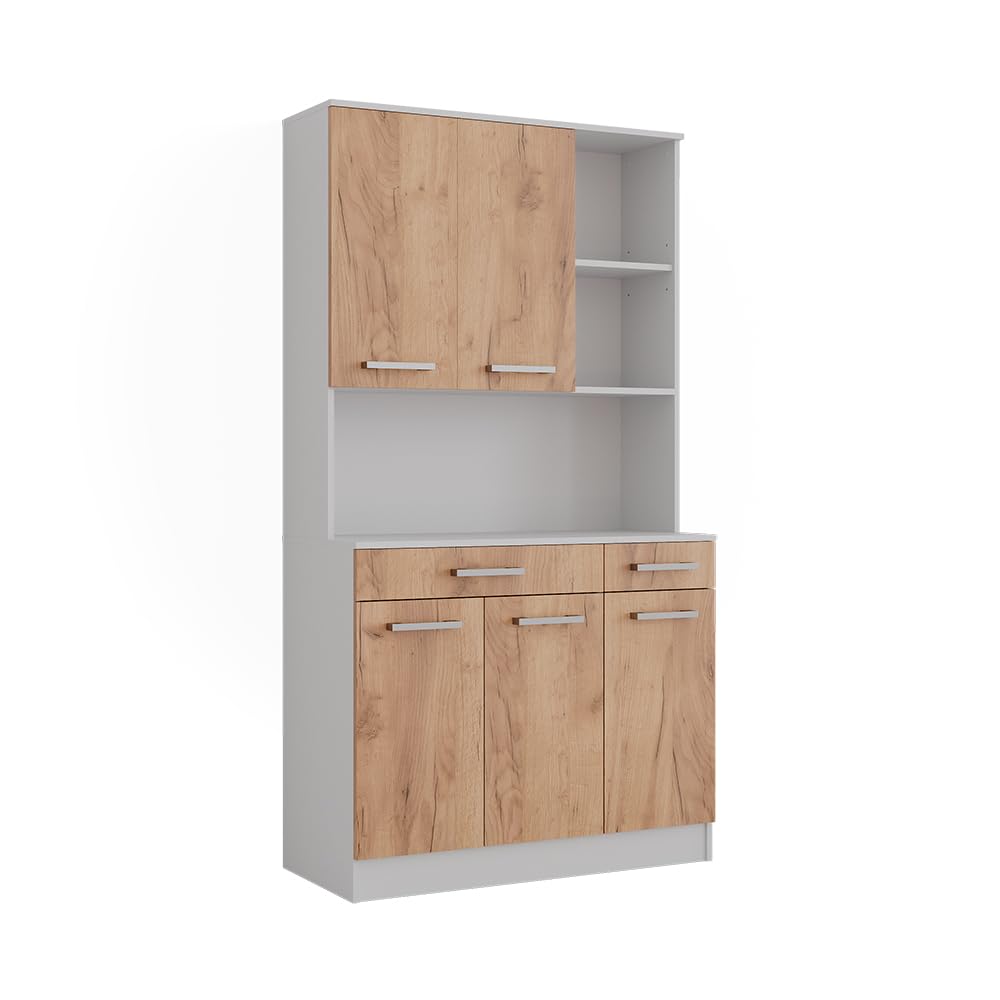 Vicco Küchenbuffet Raul, Weiß/Goldkraft Eiche, 100.1 x 188.5 cm | mit 5 Türen & 2 Schubladen, mit offener Geräteablage und erweiterbarem Stauraum