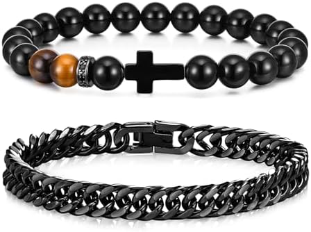 MEALGUET 2 pcs Men's Stainless Steel Bracelets : Black Gemstone Tiger Eye and Agate Cross Beaded Bracelet and Stainless Steel Chain Matching Bracelets Set Jewelry for Men or Women, Gift Idea for Men