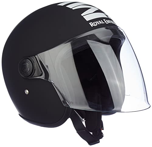 Image of Royal Enfield Open Face MLG Riding Helmet with Clear Visor Matt Black & White, Size: M (58Cm) Impact Protection, Excellent Scratch Resistance, Anti-Microbial Fabric