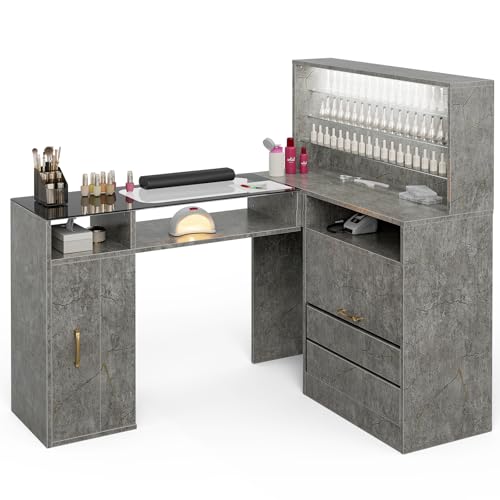 Paddie Manicure Table with LED Light, L-Shaped Glass Top Nail Tech Table w/2 Storage Shelves, Upwards Cabinet Door, Corner Nail Station w/3 Drawers & Wrist Cushion(Gray Marble)