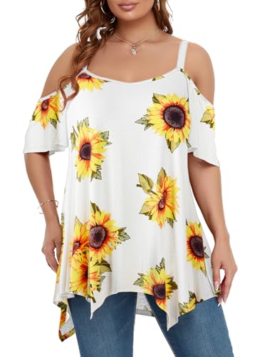 Image of LARACE Cold Shoulder Tops for Womens Summer Clothes Spaghetti Strape Tunic Oversized Shirts Asymmetrical Plus Size Blouse