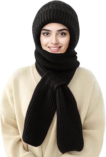 2 in 1 Winter Warm Knitted Beanie Hat with Scarf | Windproof Cap with Integrated Ear Protection | Soft & Thick Woolen Beanie Stole Combo | Unisex | Multicolour-image-31