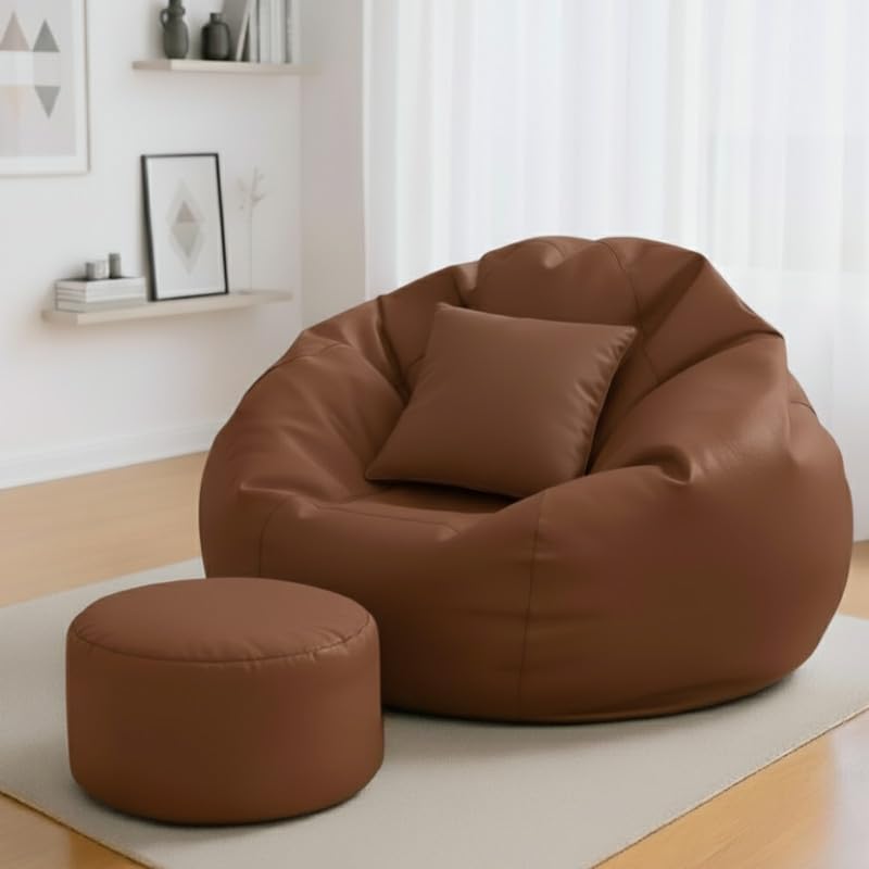 Image of Biggie Bean Bag with Beans Filled 4XL Classic Comfort Bean Sofa-Crafted for Comfort-Styled for Modern Homes with Free Cushion & Footrest (Matching Color : Leatherette Tan-Brown)