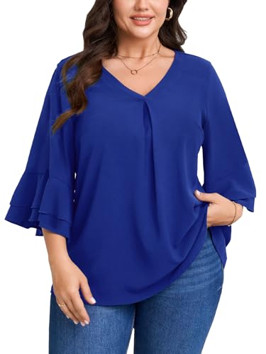 SCOMCHIC Plus Size Blouses for Women Dressy Casual 3/4 Tiered Bell Sleeve V Neck Elegant Shirts Work Tunic Tops