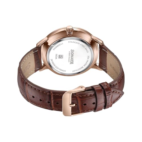 Image of Sonata Jashn with Quartz Analog Red Dial Brown Leather Strap Men's Wedding Watch - 77208WL01