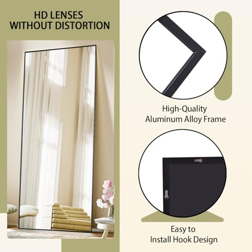 BEAUTYPEAK Full Length Mirror 64"x21" Nano Glass, Standing Rectangle Floor Mirrors Body Dressing Wall-Mounted for Living Room, Bedroom, Black