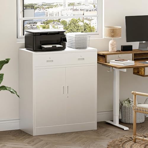 Image of Metal Storage Cabinet, 36 Inch Tall Locking Cabinet with 2 Doors and 2 Drawers, Metal Cabinets with Adjustable Shelf, Garage Cabinets for Kitchen,Garage,Warehouse, White