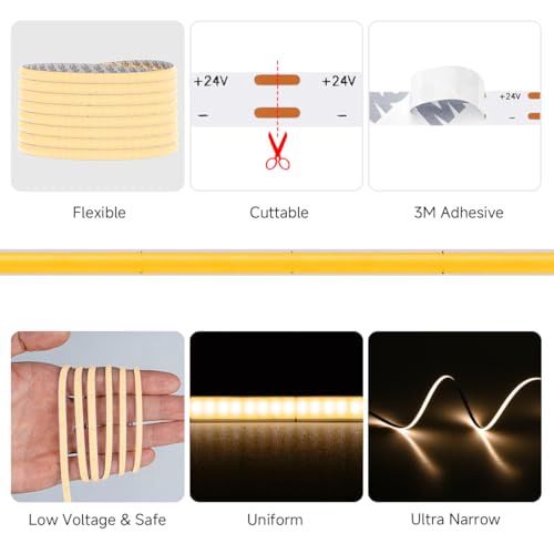 Image of 5mm COB LED Strip Light DC24V Narrow Thin Flexible High Density Uniform 3000K Warm White Cob Strips 400leds /m 16.4FT Dimmable CRI 90+ LED Tape Lights for Car Cabinets, No Controller /Adapter