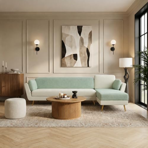 Image of Nuvola Air Premium Latex Fabric Sofa | 3, 4 & 5 Seater Options | 2 & 3-Toned Variants | Ultra-Soft Deep Seating Comfort | Modern Living Room Sofa | 3-Year Warranty (Mint Green & White, RHS, 5)