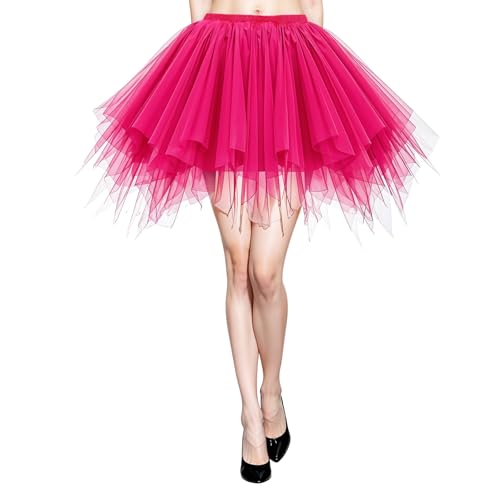 Pink Tutu Tulle Skirts for Women with Lined 80s Costume Tutu for Women Adults 50s Vintage Ballet Bubble Dance Tulle Skirt Short Classic Elastic Skirt Multi-Layer for Christmas Halloween(Hot Pink)