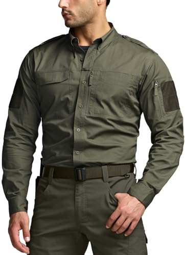 CQR Men's Long Sleeve Tactical Shirts, Ripstop Military Work Shirts, UPF 50+ Breathable Button Down Outdoor Hiking Shirt, Journeyman Soil Green, X-Large