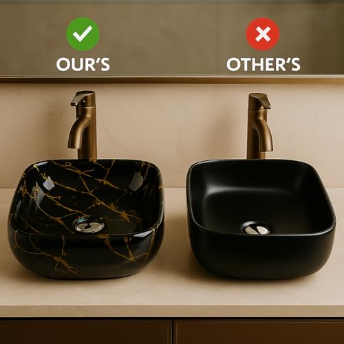 Image of Ceramic Tabletop Wash Basin - Glossy Rectangular Countertop Vessel Sink with Marble Finish for Bathroom & Vanity | Compact 18 x 13 x 5 Inch | Elegant Washbasin