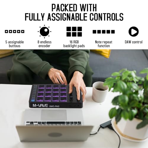 Image of M-WAVE Wireless MIDI Controller Pads, Bluetooth Portable USB MIDI Controller with 16 MPC Drum Pads, 8 Assignable Knobs, Note Repeat, Full Level Buttons, Rechargeable battery (Black Pad)