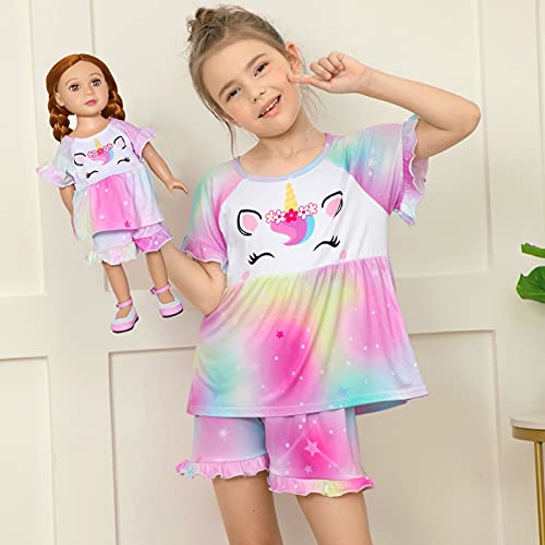 Girl & Doll Matching Pajamas Unicorn Outfit Clothes for Girls and 18" Dolls Pajama Sets (Doll Not Included)2