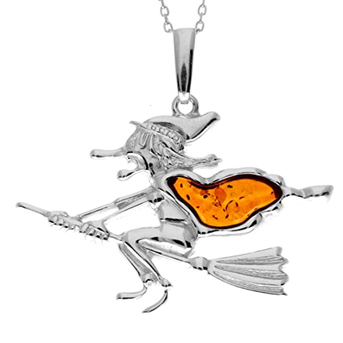 Pendentif sorcière en argent 925 et ambre de la Baltique véritable AA246