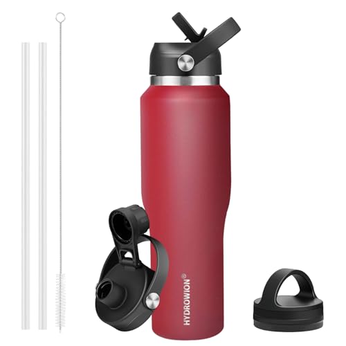 Image of HYDROWION 40 oz Insulated Water Bottle with Straw fit in Car Cup Holder(Cold 48 hrs, Hot 24 hrs) Drinking Bottle with Straw Lid, Spout Lid and Flex Cap Leakproof Travel Thermo Mug,Red