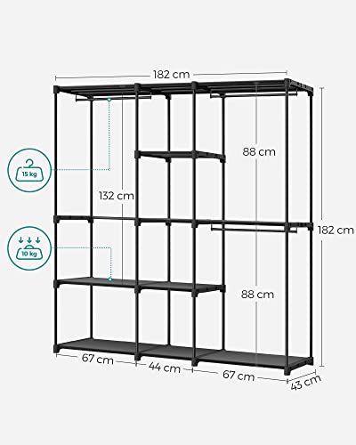 SONGMICS Kleiderschrank, Kleiderständer, freistehende Garderobe, mit Kleiderstangen, Garderobenständer, Stoffablagen, Metallrahmen, 182 x 43 x 182 cm, tintenschwarz RYG037B02