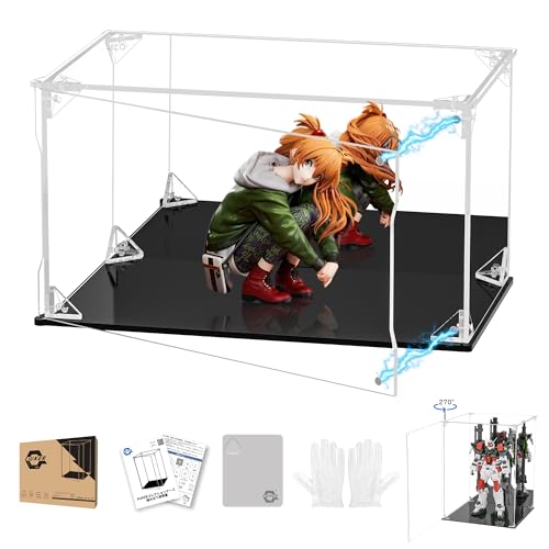 KUKER フィギュアケース アクリルケース UVカット 背面ミラー マグネット付き 前扉 コレクションケース ディスプレイケース ショーケース 組み立て式 汚れ防止 手袋 クリーニングクロス付き (幅25×奥行15×高さ15cm,台座黒＋背面ミラー)（Amazon）