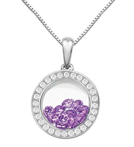 PARIKHS Round Pendant Floating Purple Cubic Zirconia Inside -CZ Border - Sterling Silver