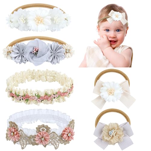 Image of Dizila 6 Pieces Super Soft Stretchy Gray Khaki White Baby Girl Bow Flower Nylon Headbands Floral Lace Headbands Hair Accessories for Newborns Infants Toddlers Girls Kids
