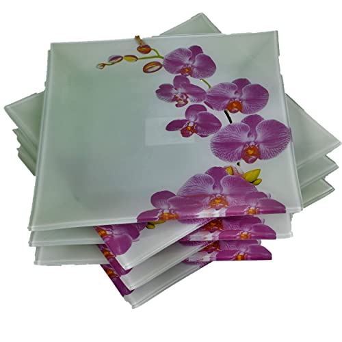 Lot De 6 Assiettes Plates En Verre - Motif Orchidée - Forme Carrée 25x25 cm - Couleurs Blanche Et Fleur Mauve - Service À Vaisselle Pour La Maison Ou Le Restaurant - Très Joli Design Élégant Cover