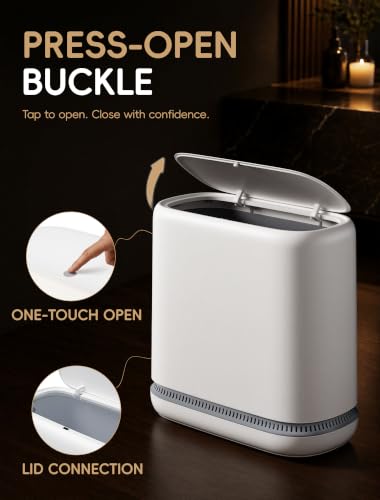 Image of Small Bathroom Trash Can with Lid, Dog Proof Slim Press Top Garbage Can, White Plastic Narrow Waste Basket, for Bathroom Bedroom Office 2 Pack Set with 4.8 Gal and 3.3 Gal