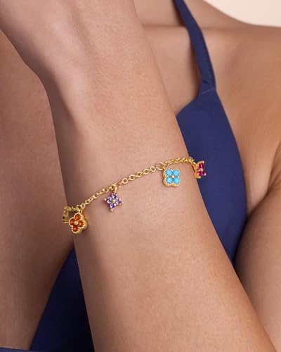 Gold Colorful CZ Gemstone Floral Statement FULLY ADJUSTABLE Dangle Charms Tennis Bracelet for Women by SNGIA, Stackable Handmade Trendy Multicolor Flower Crystal Jewelry Gifts, Beachy Summer Beaded Healing Protection Vacation Fashion Bracelet Accessories, Vintage Link Bohemian Nickle Free Station Bangle.4